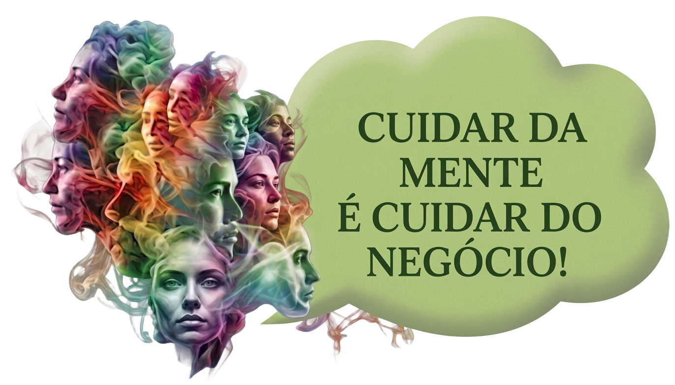 Ilustração de cérebro colorido com mensagem sobre saúde mental no trabalho